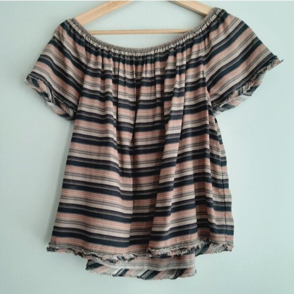 LUCKY BRAND Off-Shoulder Stripped Boho Folk Top Raw Hem Sz S Flawed - Picture 8 of 13